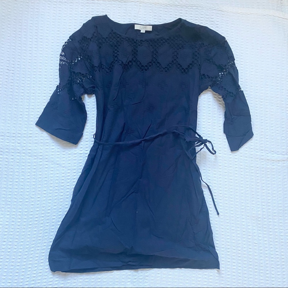 LOFT Navy Blue Lace-Yoke Belted Dress